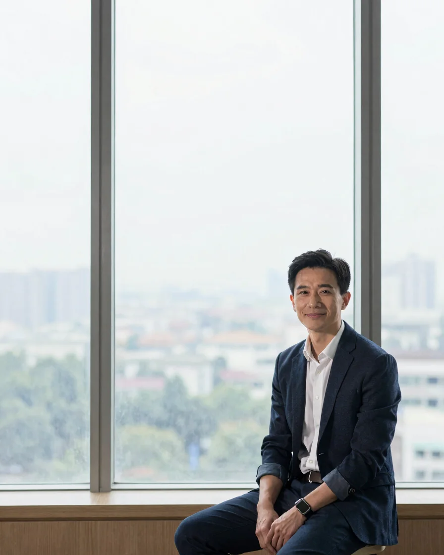 Editorial portrait of a person seated near a tall window in soft natural daylight, clean balanced color, considered fram