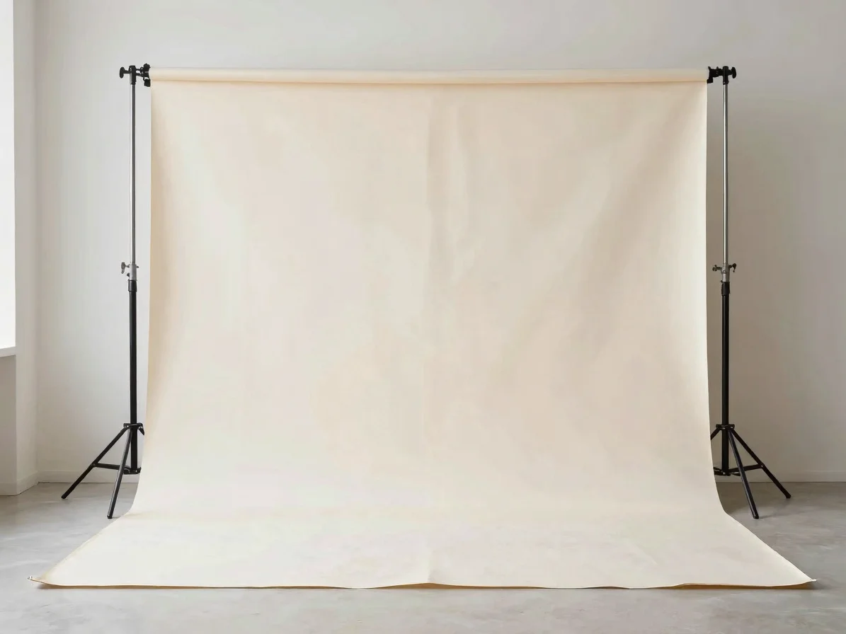 Editorial studio scene in soft controlled daylight: a photographer's light stand and a neatly arranged product set on a
