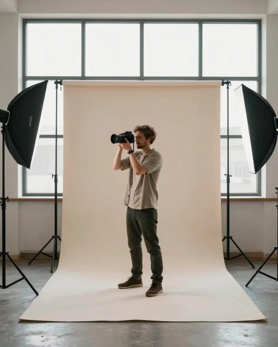 Editorial studio portrait of a photographer adjusting a soft light modifier beside a neutral backdrop, natural daylight
