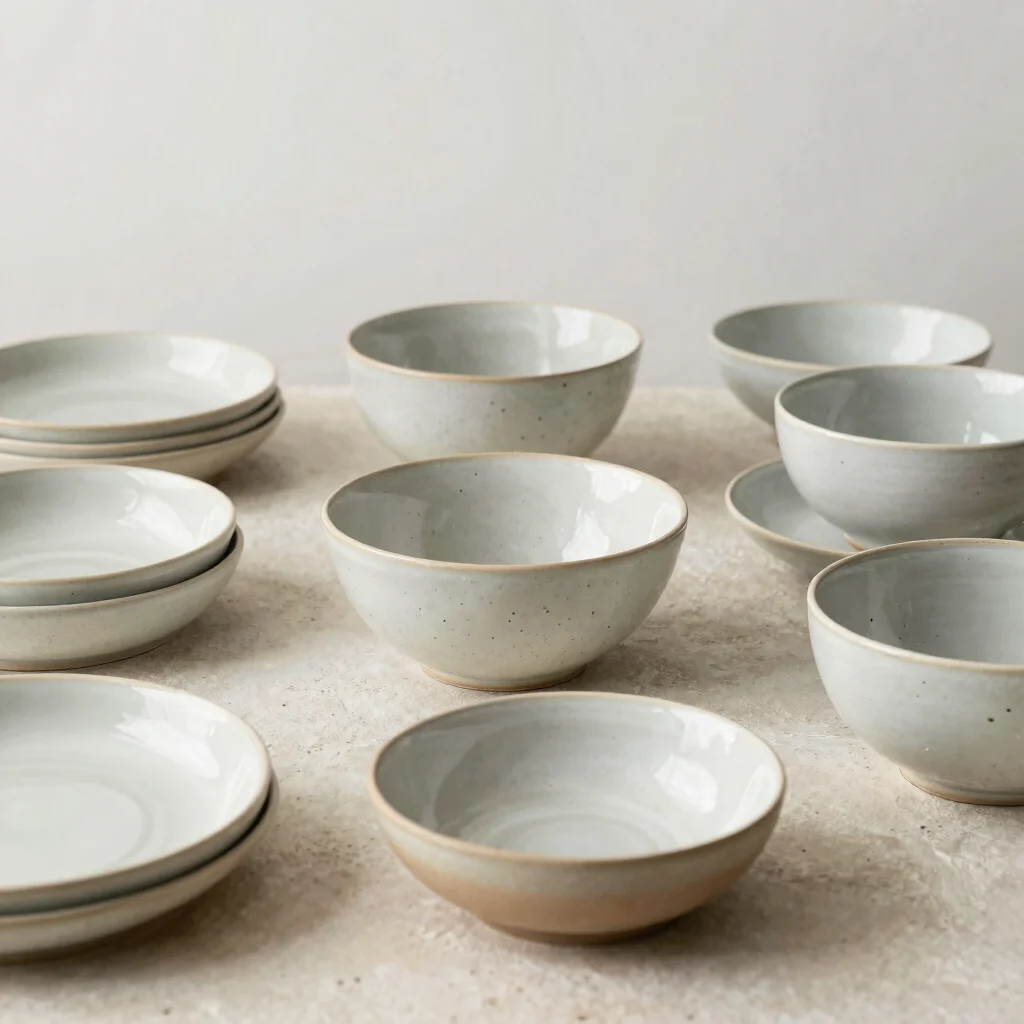 Arrangement of ceramic tableware on a pale stone surface under controlled studio light, close-up product view with soft