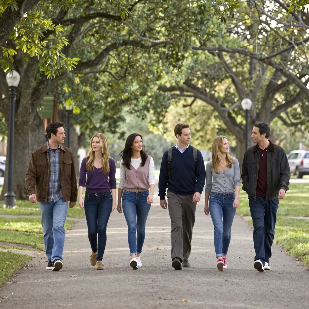 Friends walking along a tree-lined path in gentle afternoon light, wide environmental frame