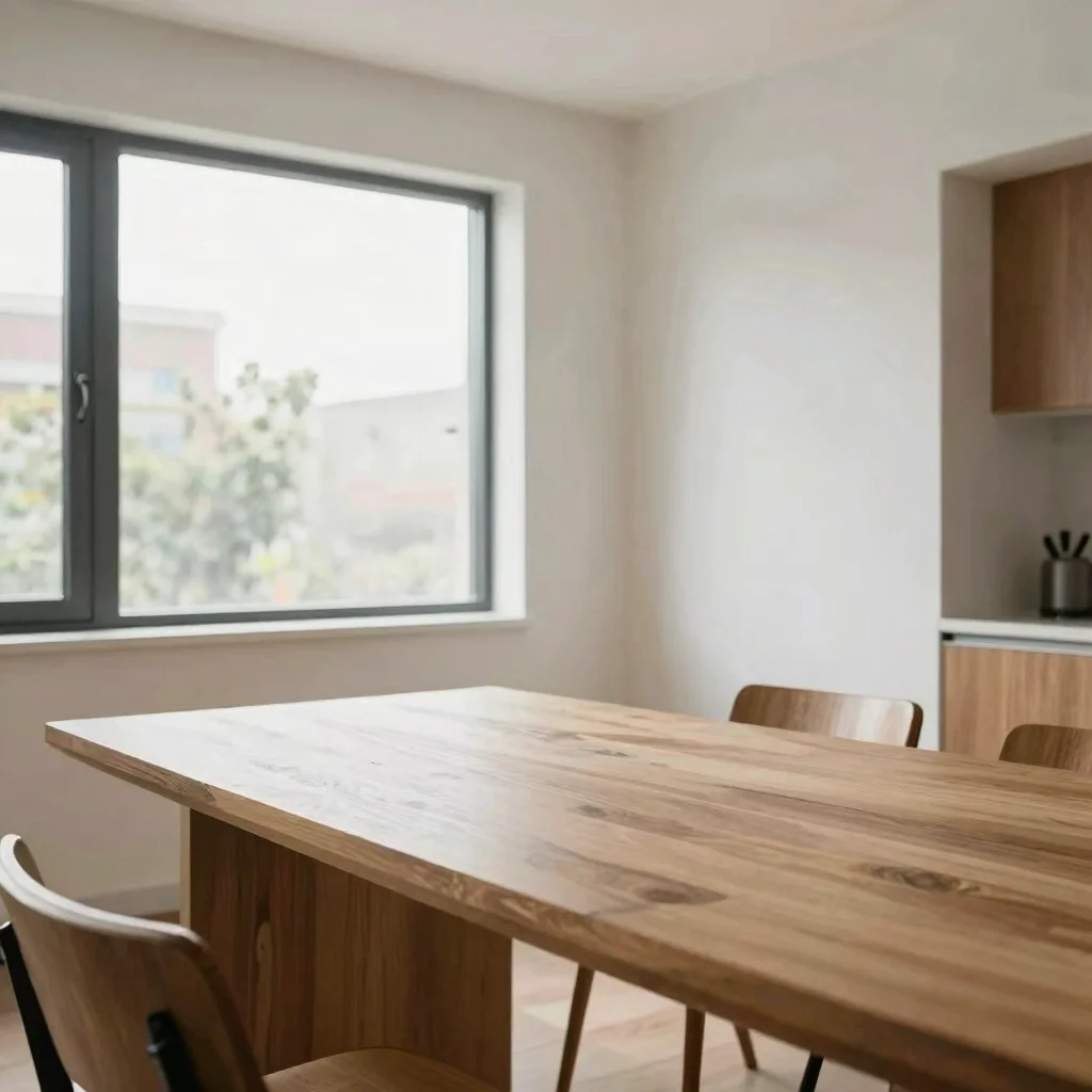 Bright modern interior with a wooden table and natural window light, wide environmental frame, balanced color