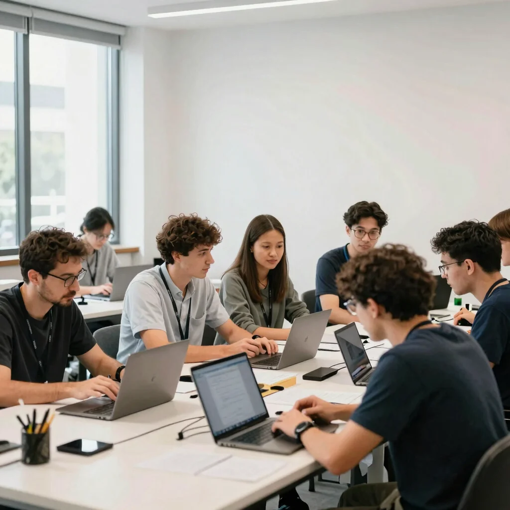 Small professional team gathered around a workspace, candid moment, daylight, medium-wide composition