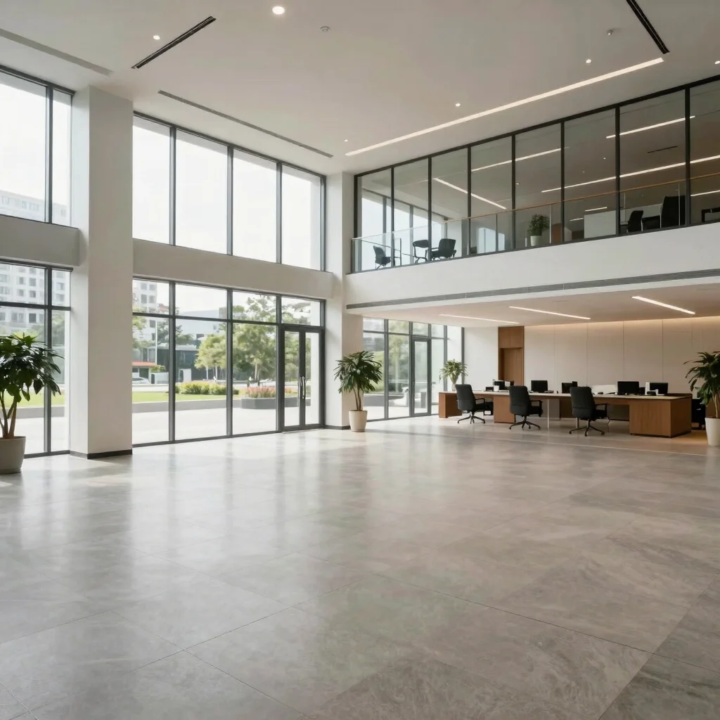 Empty contemporary office lobby with soft daylight from large glass panels, wide framing