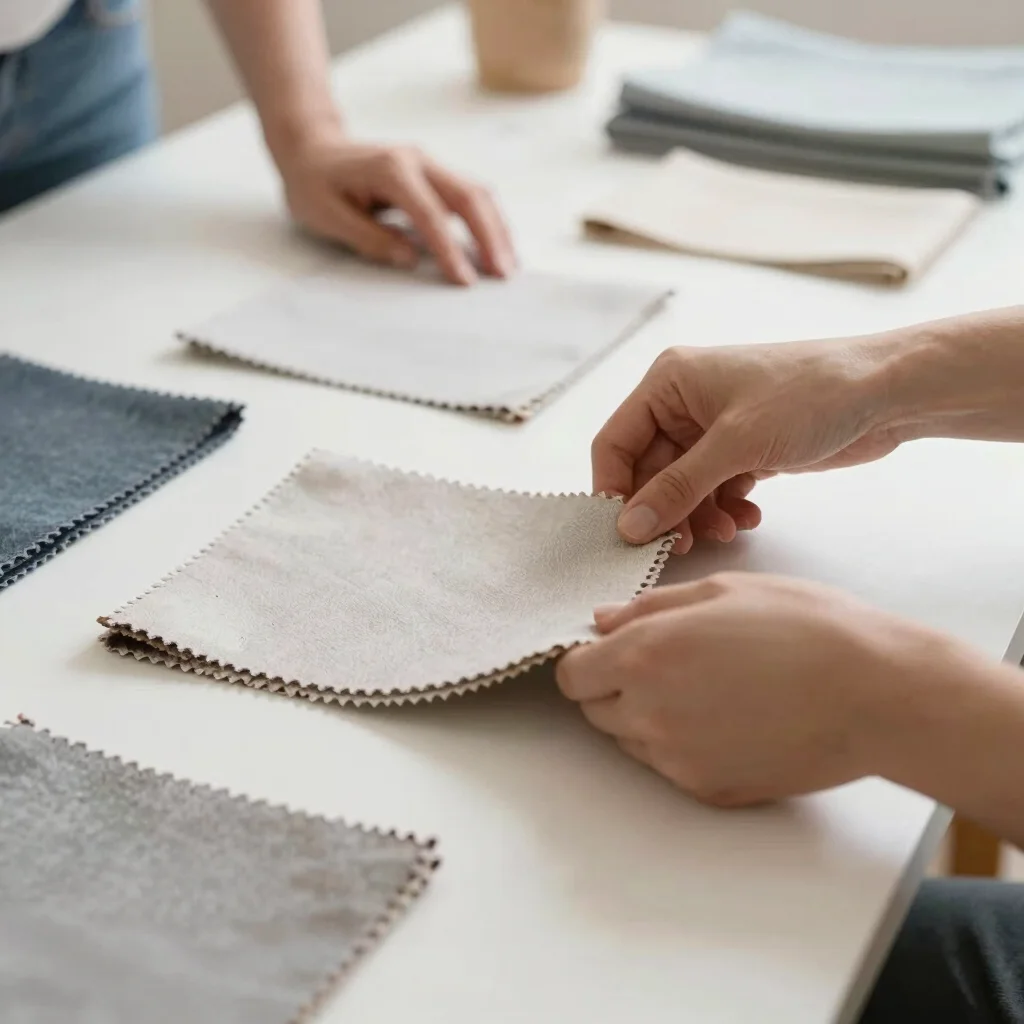 Hands arranging fabric samples on a table, close crop, natural light, clean balanced tones