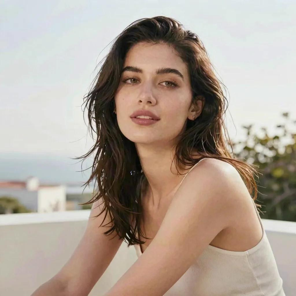 Candid lifestyle portrait of a woman outdoors in soft morning daylight, relaxed expression, natural skin tones