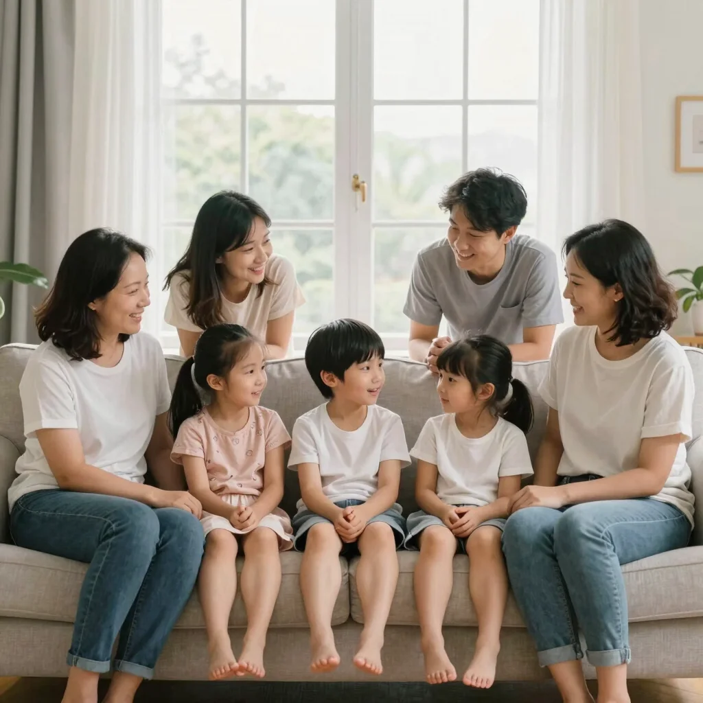 Family moment on a sofa by a window, authentic daylight, varied focal length, polished approachable mood
