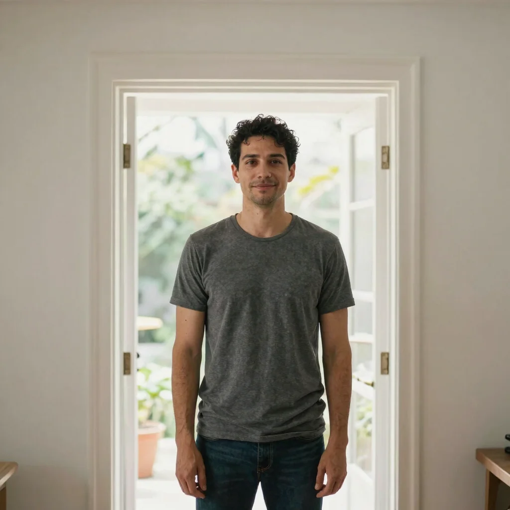 Close portrait of a man in a sunlit doorway, natural light, shallow depth of field